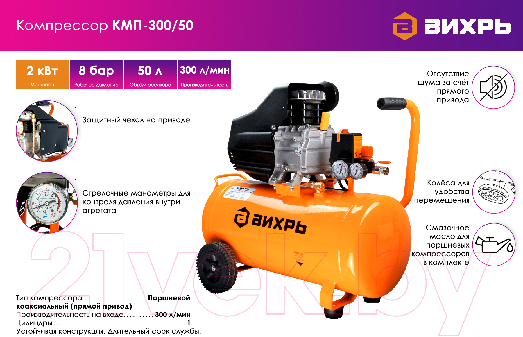 Воздушный компрессор Вихрь КМП-300/50 (74/3/4)