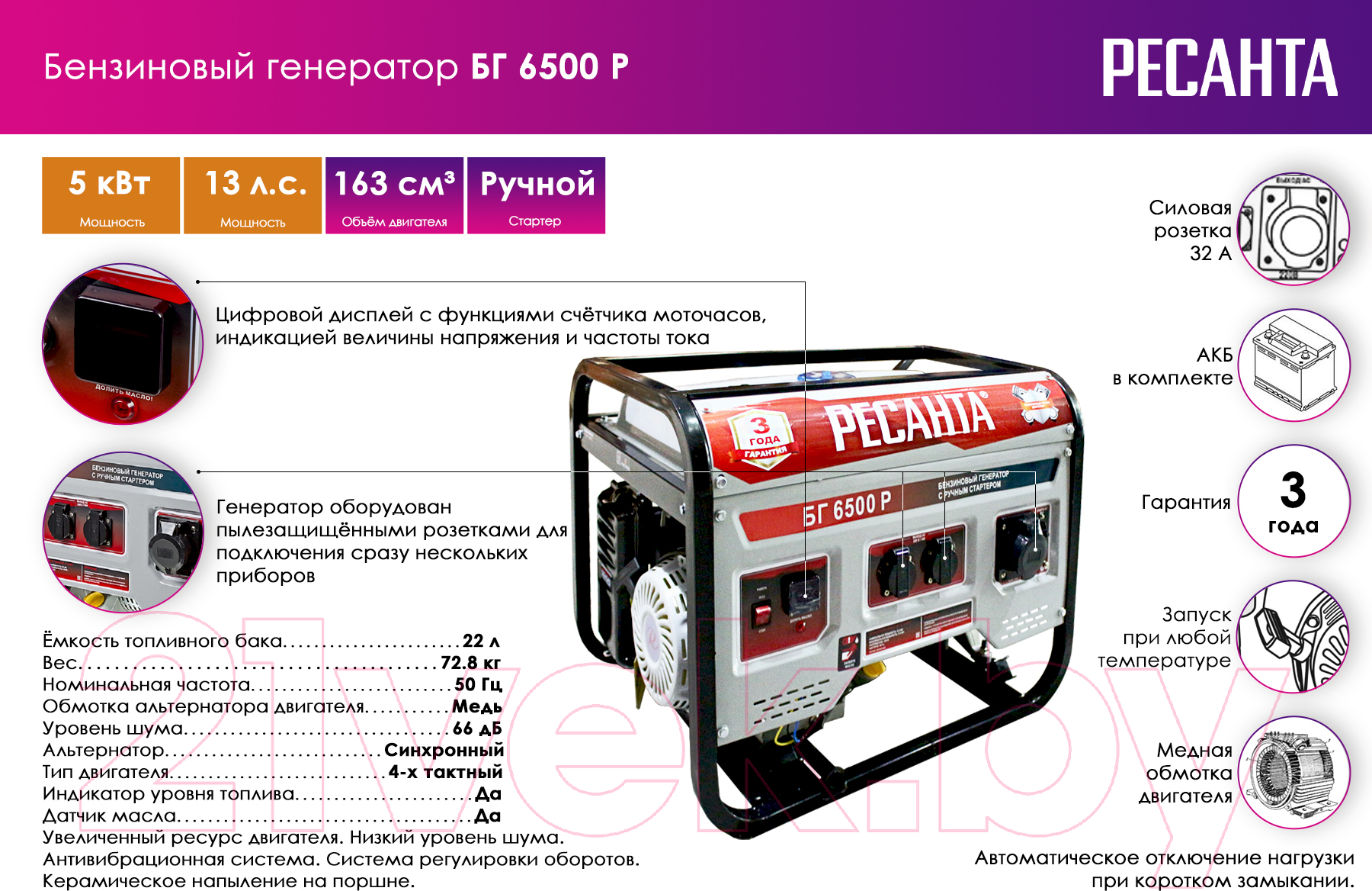 Бензиновый генератор Ресанта БГ 6500 Р (64/1/45)