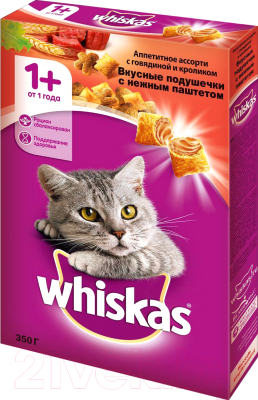 Сухой корм для кошек Whiskas Вкусные подушечки с нежным паштетом с говядиной и кроликом (350г)