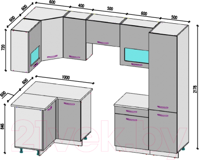 Готовая кухня ВерсоМебель ЭкоЛайт-5 1.2x2.6 левая (белый/фиолетовый)
