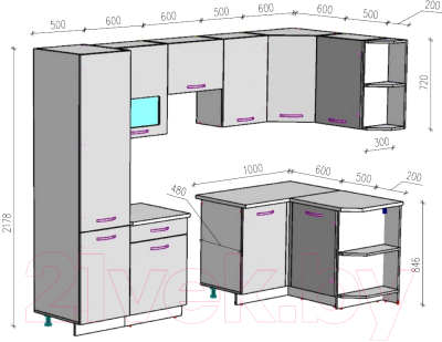 Кухонный гарнитур ВерсоМебель ЭкоЛайт-6 1.3x2.8 правая (белый/фиолетовый)