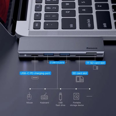 Док-станция для ноутбука Baseus Harmonica 5 в 1 / CAHUB-K0G (серый)