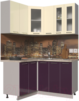 Готовая кухня Интерлиния Мила Пластик 1.2x1.5 (слива глянец/ваниль глянец/травертин)