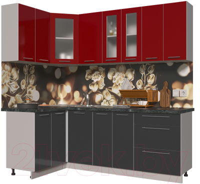 Готовая кухня Интерлиния Мила Пластик 1.2x2.2 (антрацит глянец/красный глянец/кастилло темный)