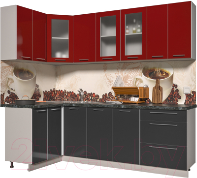 Готовая кухня Интерлиния Мила Пластик 1.2x2.4 (антрацит глянец/красный глянец/кастилло темный)