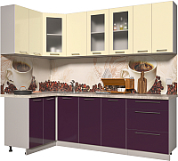 Готовая кухня Интерлиния Мила Пластик 1.2x2.4 (слива глянец/ваниль глянец/травертин) - 