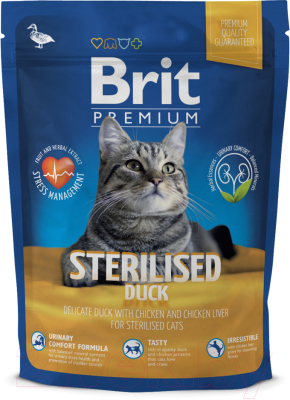 Сухой корм для кошек Brit Premium Cat Sterilised Duck с уткой, курицей и куриной печенью (1.5кг)