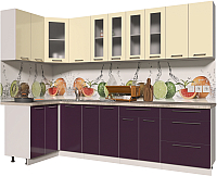 Готовая кухня Интерлиния Мила Пластик 1.2x2.8 (слива глянец/ваниль глянец/травертин) - 
