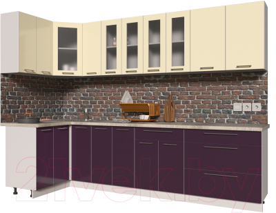 Готовая кухня Интерлиния Мила Пластик 1.2x2.9 (слива глянец/ваниль глянец/травертин)