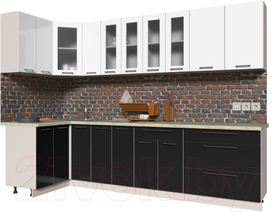 Готовая кухня Интерлиния Мила Пластик 1.2x2.9 (черный глянец/белый глянец/опал светлый)