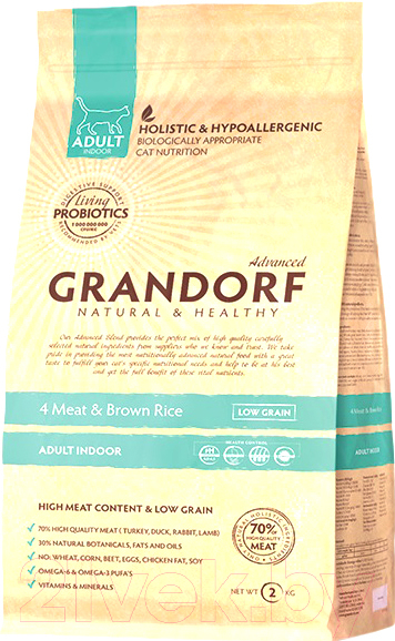 Сухой корм для кошек Grandorf Living Probiotics Adult Indoor 4 Meat&Brown Rice