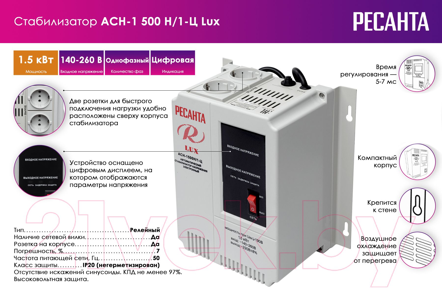 Стабилизатор напряжения Ресанта Lux АСН-1500Н/1-Ц (63/6/20)