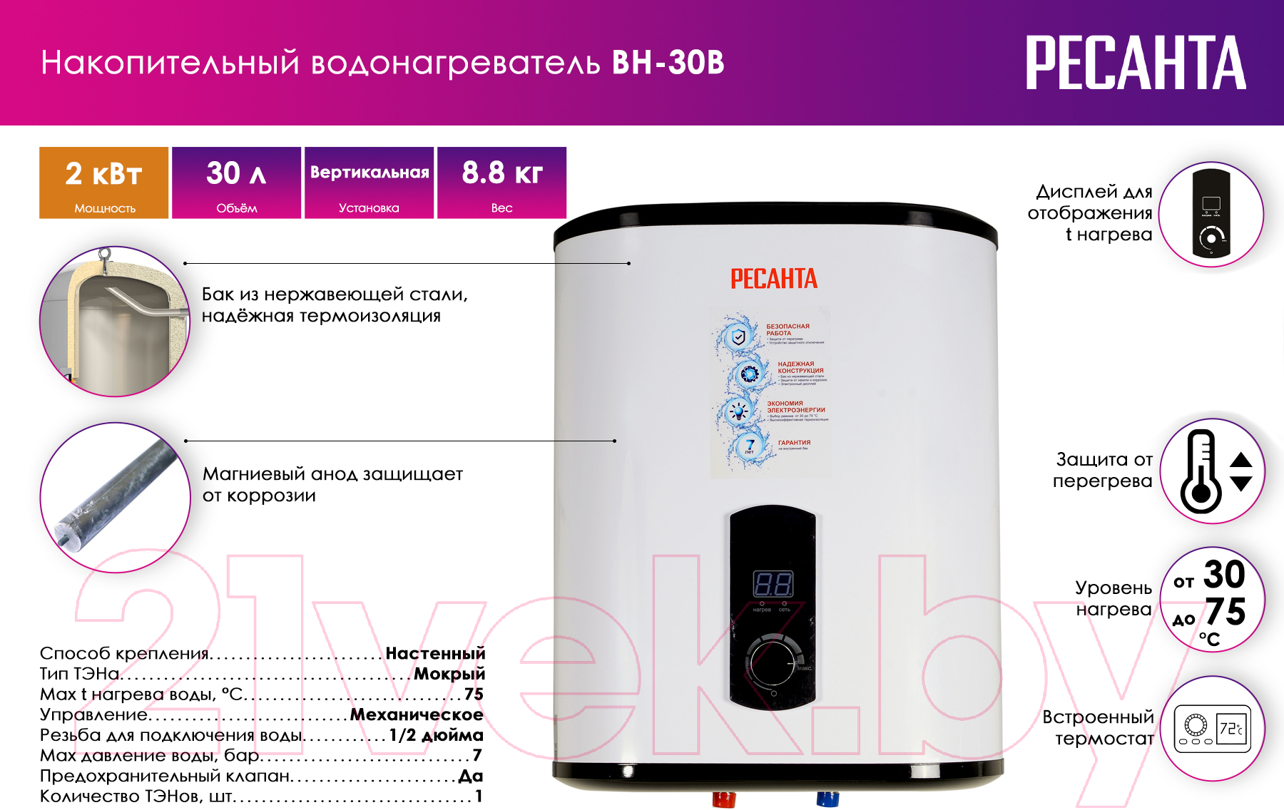 Накопительный водонагреватель Ресанта ВН-30В (74/5/1)