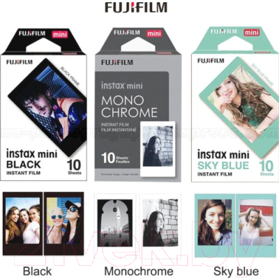Набор фотопленок Fujifilm Instax Mini (Monochrome 10шт+Sky Blue 10шт+Black 10шт+наклейка магнит. 10шт)