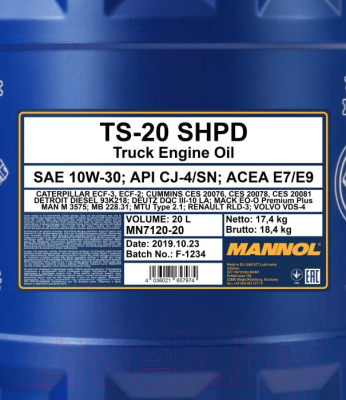Моторное масло Mannol TS-20 SHPD 10W30 CK-4/SN / MN7120-20 (20л)