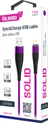 Кабель Olmio Solid USB 2.0 - lightning 2.1A / 039051 (1.2м, индиго)