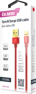Кабель Olmio Deluxe USB 2.0 - lightning 2.1A / 038850 (1м, красный)