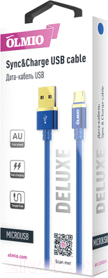 Кабель Olmio Deluxe USB 2.0 - microUSB 2.1A / 038854 (1м, синий)