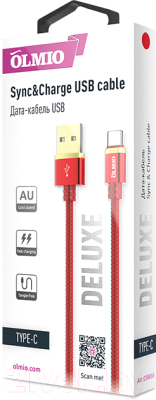 Кабель Olmio Deluxe USB 2.0 - Type-C 2.1A / 038856 (1м, красный)