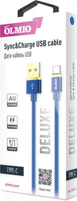 Кабель Olmio Deluxe USB 2.0 - Type-C 2.1A / 038857 (1м, синий)