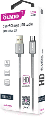 Кабель Olmio Hd USB 2.0 - microUSB 2.1A / 038646 (1.2м, серый)