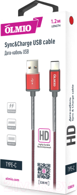 Кабель Olmio HD USB 2.0 - USB Type-C 2.1A / 038839 (1.2м, красный)