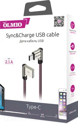 Кабель Olmio USB 2.0 - USB type-C / 038769 (1м, угловой)