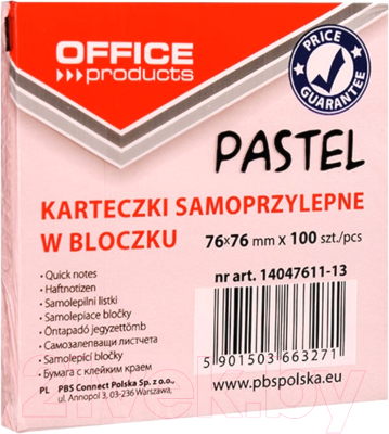 Блок для записей Office Products На клейкой основе / 14047611-13 (розовый пастель)