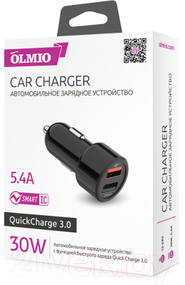 Адаптер питания автомобильный Olmio 2USB QC3.0+Smart IC 30W / 038718