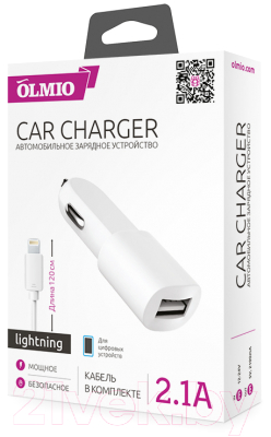 Зарядное устройство автомобильное Olmio USB 2.1A + Lightning кабель / 038704