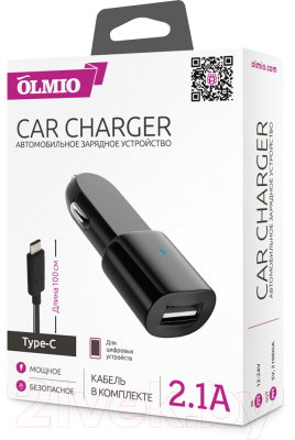Зарядное устройство автомобильное Olmio USB 2.1A + Type-C кабель / 039014