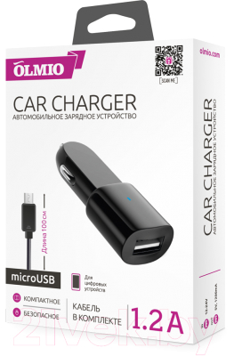 Зарядное устройство автомобильное Olmio USB 1.2A + microUSB кабель / 038637 (черный)