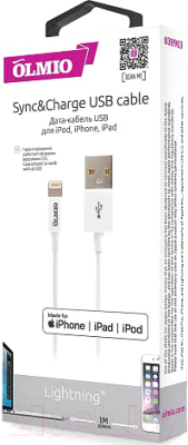 Кабель Olmio MFI USB 2.0 - iPhone/iPod/iPad 8pin / 038903 (1м, белый)