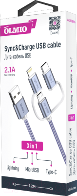 Кабель Olmio USB 2.0 - microUSB/Lightning/TypeC 2.1A / 038896 (1.2м)