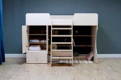 Кровать-чердак детская Можга Капризун 1 со шкафом / Р445 (белый)