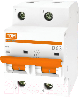 Выключатель автоматический TDM ВА 47-100 2Р 63А (D) 10кА / SQ0207-0020