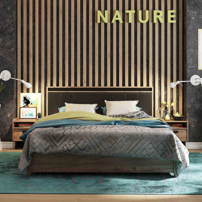 Двуспальная кровать Глазов Nature 307 Люкс с ПМ 160x200 (дуб табачный Craft/черный)