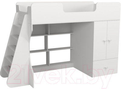 Кровать-чердак детская Можга Капризун 2 со шкафом / Р441 (белый)