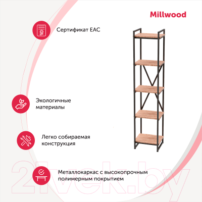 Стеллаж Millwood Neo Loft СН-2 Л (дуб табачный Craft/металл черный)