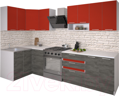 Готовая кухня Иволанд Трейд Ярко-красная 220-220-120 левая (красный/темное дерево)