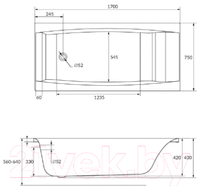 Ванна акриловая Cersanit Virgo 170x75 / WP-VIRGO-170-W (без ножек)