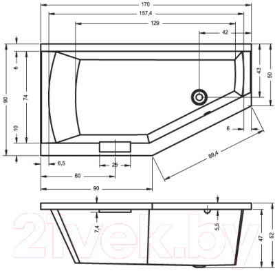 Ванна акриловая Riho Geta 170 L / BA89005 (с ножками и экраном)