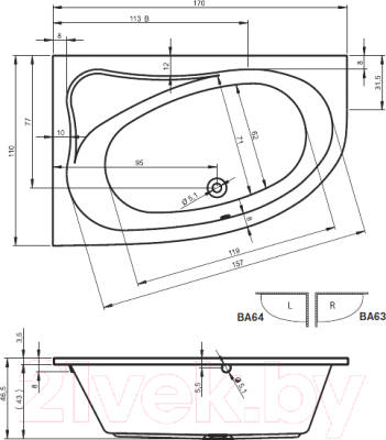 Ванна акриловая Riho Lyra 170 R / BA63005 (с ножками)