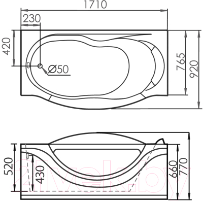 Ванна акриловая Gemy G9072 K L 171x92 (с гидромассажем)