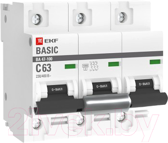 Выключатель автоматический EKF Basic ВА 47-100 3P 63A (C) 10kA / mcb47100-3-63C-bas