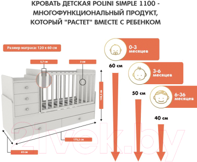 Детская кровать-трансформер Polini Kids Simple 1100 с комодом (вяз/белый)