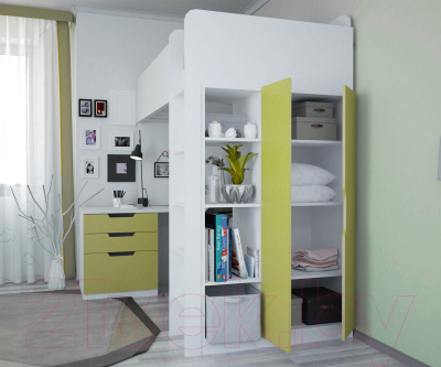 Кровать-чердак Polini Kids Simple с письменным столом и шкафом (белый/лайм)