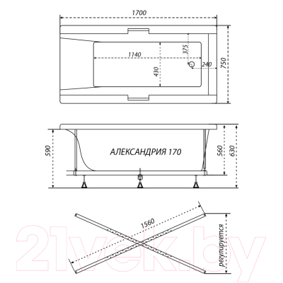 Ванна акриловая Triton Александрия 170x75 (с ножками, экраном и сифоном)