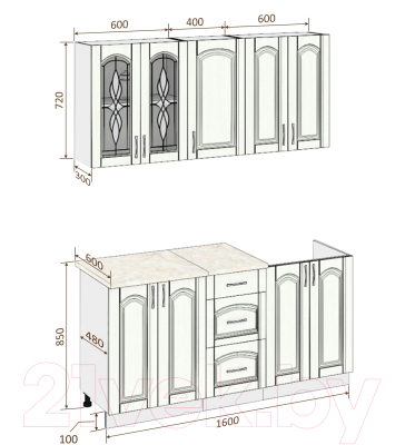 Готовая кухня Кортекс-мебель Корнелия Ретро 1.6м (ясень белый/марсель)