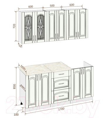 Готовая кухня Кортекс-мебель Корнелия Ретро 1.7м (ясень белый/королевский опал)